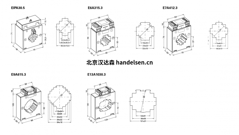 Janitza用于計費的塑殼電流互感器，等級0.5尺寸表